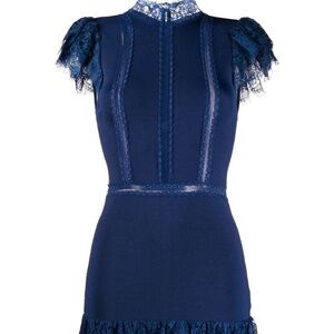 Alice + Olivia Roset Flutter Sleeve Lace Tiered Mini Dress In Blue - Size Small